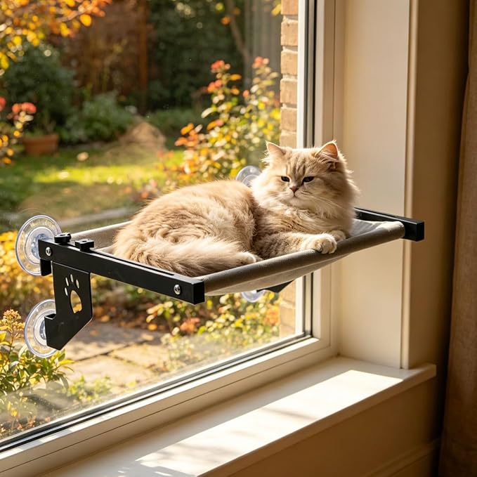 NFMOD 2-in-1 Suction & Hook Cat Window Perch Metal Hammock for Large Cat | heavy metal frame holds 30lbs,no-drill damage-free setup,wide sunbathing platform,detachable machine washable fabric cushion