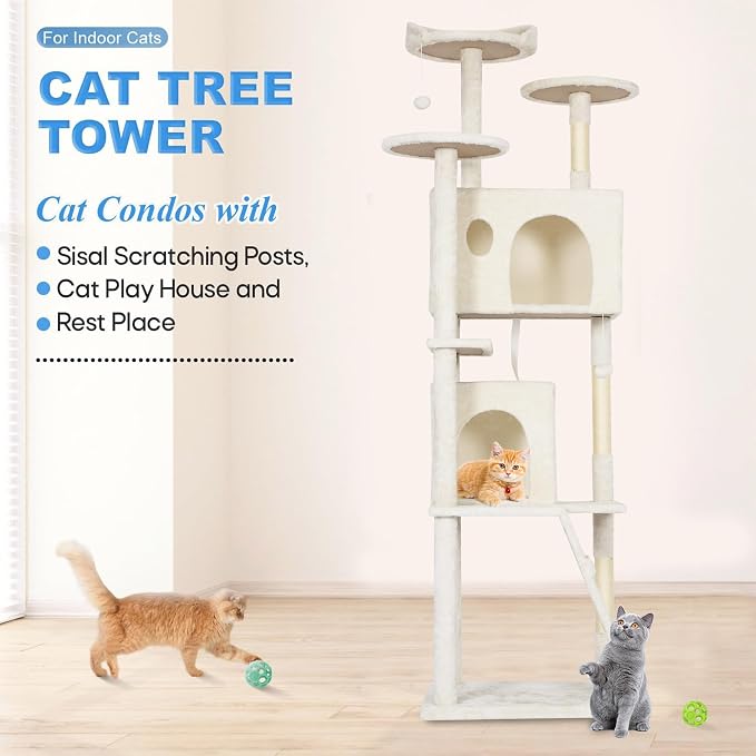 FDW | 62" Cat Tree Tower | Beige | Multi-Level Indoor Activity Center with Sisal Scratching Posts, Condos, Plush Perches, Hanging Cat Toys | Sturdy, Easy to Assemble | for Kittens & Adult Cats
