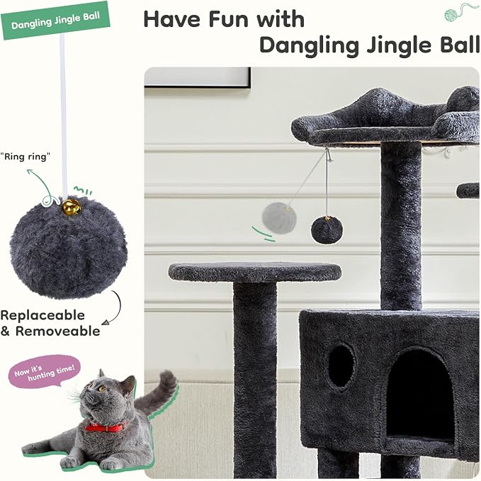 DUMOS 54 Inch Cat Tree Tower with Scratching Posts | Indoor Multi-Level Pet House for Large Cats with 2 Condos, Round Platform, Small Ladder and Toys, Dark Grey