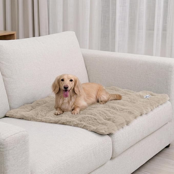 Paw Inspired Waterproof Dog Blanket, Soft Faux Fur Throw with Fur-Resistant Fleece, Washable Pet Blanket, Waterproof Protection for Couch, Bed, Furniture, Crate, Car (32x24, Tan)