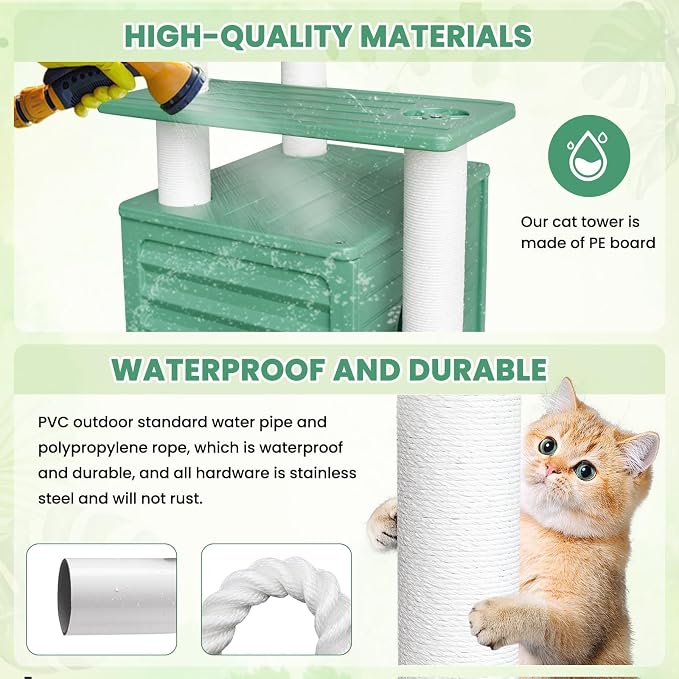 Outdoor Tall Weatherproof Cat Tree Tower with PE Board and Cat Scratch Post | 72in Green Multi-Level Cat Tree with Spacious Cat Condo,Waterproof Board,Easy to Assemble&Clean,for Indoor&Outdoor Use CTT-4