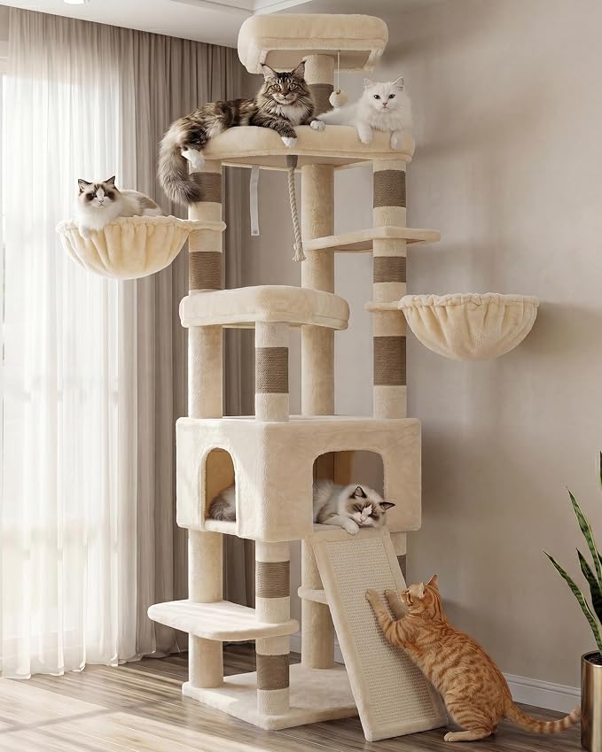 Heybly Cat Tree, 82.7″ Extra Tall Cat Tower for Large Cats Adult HCT063MJ | Giant Cat Condo with Multi-Level Platforms, 2 Baskets, Spacious Cat Cave, Wide Sisal Scratching Board, Beige
