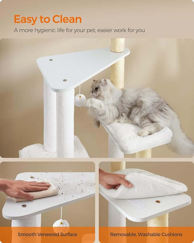 Feandrea Cat Tree, 65-Inch Multi-Level Tower with 5 Scratching Posts | Modern Cat Condo for Indoor Cats, Perch, Washable Removable Cushions, Cloud White, CAEN Collection UPCT166W01