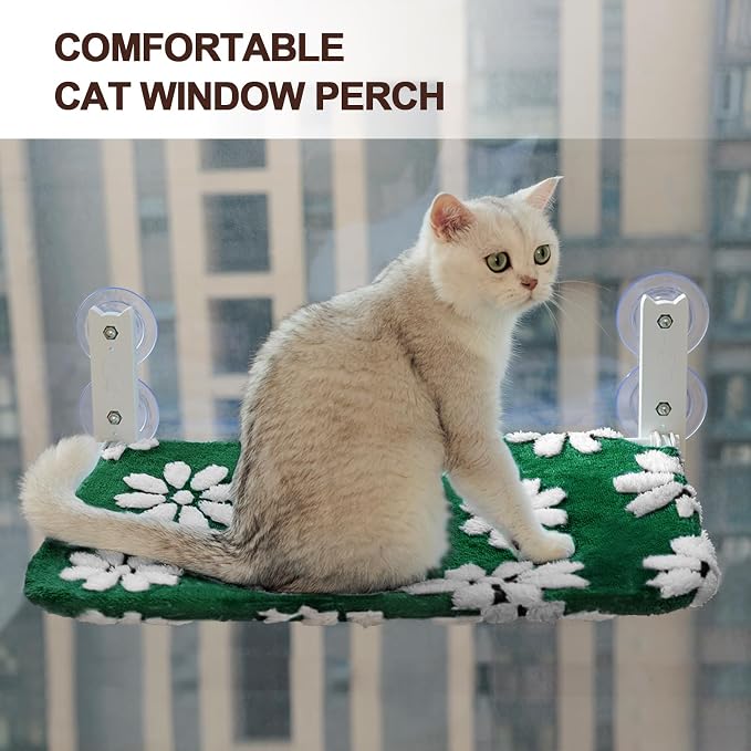 Cute Cat Window Perch, Foldable Cat Window Hammock, Green | Cordless Window Seat Bed for Indoor Cats, 3D Textured Flower Cover, Strong Suction Cups