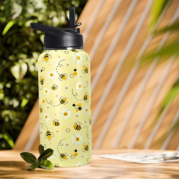 32oz Bee Insulated Aater Water Bottle with Straw, Bee Gym Hiking Sports Coffee Mug Cup Water Bottles,Bee Gifts for Women,Bee Decor Stuff Accessories