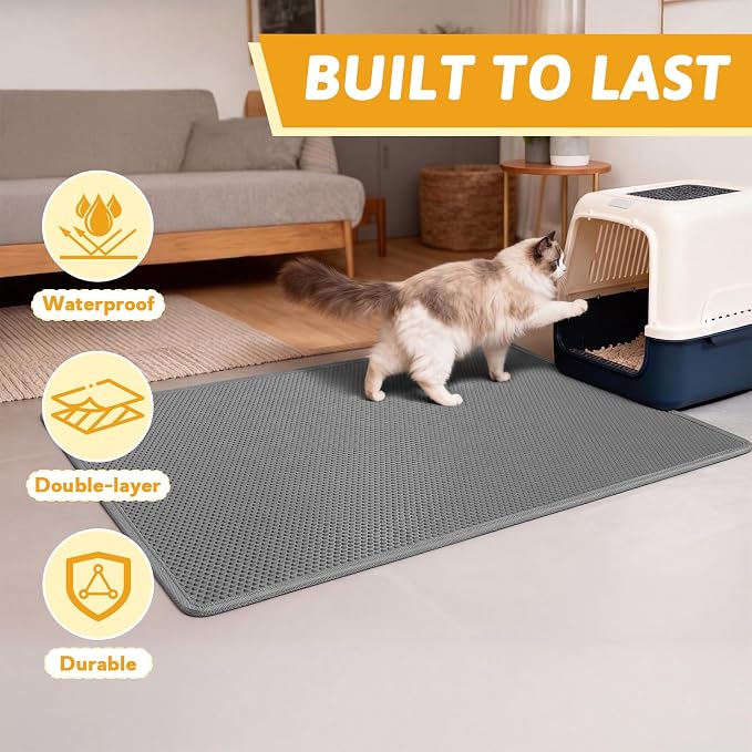 Pieviev Cat Litter Box Mat, Double-Layer Urineproof Design, 47" x 36" Gray | Honeycomb Litter Trapping Mat Captures Scattered Particles to Stop Tracking, Waterproof Base Protects Floors, Easy to Clean