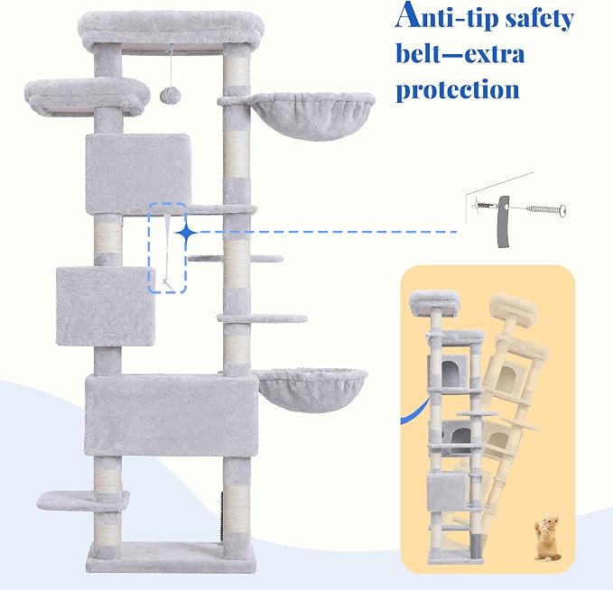 Hey-brother Cat Tree, Multi-Level Tower with 3 Condos, Hairbrush, MPJ035-MW | 74 Inches XL Large Scratching Posts for Indoor Cats and Kittens, 2 Wide Platforms, 2 Plush Baskets, Toy Balls, Light Gray