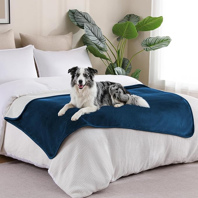 Waterproof Blanket 40"x60" for Adults, Reversible Waterproof Bed Cover for Dogs Cats Pets, Soft Leakproof Blanket for Bed Couch Sofa Furniture Protector, Navy Blue/Light Grey