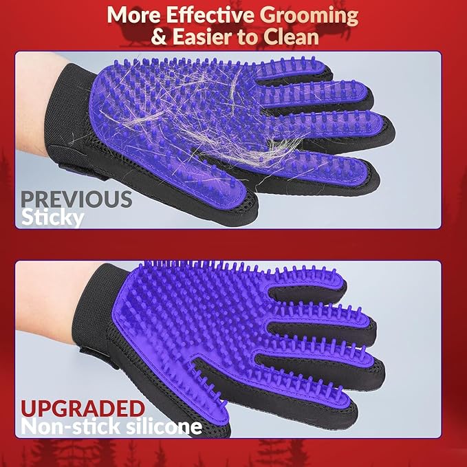 Pet Hair Removal Glove with 255 Silicone Tips for Dogs & Cats, Right Purple | 2-in-1 Deshedding & Massage Mitt, 5-Finger Flexible Design, for Bathing & Grooming, Safe for Long/Short/Curly Hair Pets