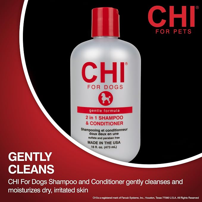 CHI for Dogs Gentle 2-in-1 Shampoo and Conditioner, Ionic Technology pH Balanced Dog Wash with Silk and Milk Proteins, Sulfate and Paraben Free, All Coats and Breeds, 16 Fl Oz