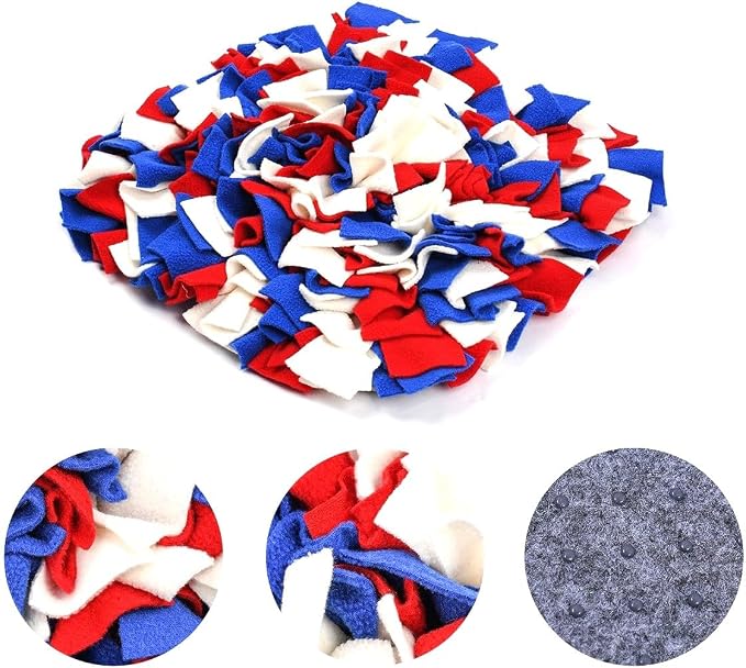 Pet Fleece Snuffle Mat Square Shape Foraging Mats Interactive Feeding Toy Anti Slip Slow Feeder Treat Dispenser for Dog Rabbit Guinea Pig (Blue/White/Red)