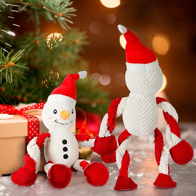 Senneny Christmas Dog Toys, Squeaky Snowman Plush with Ropes for Tug of War, Durable Interactive Chew Toys for Puppy Small Medium Large Dogs