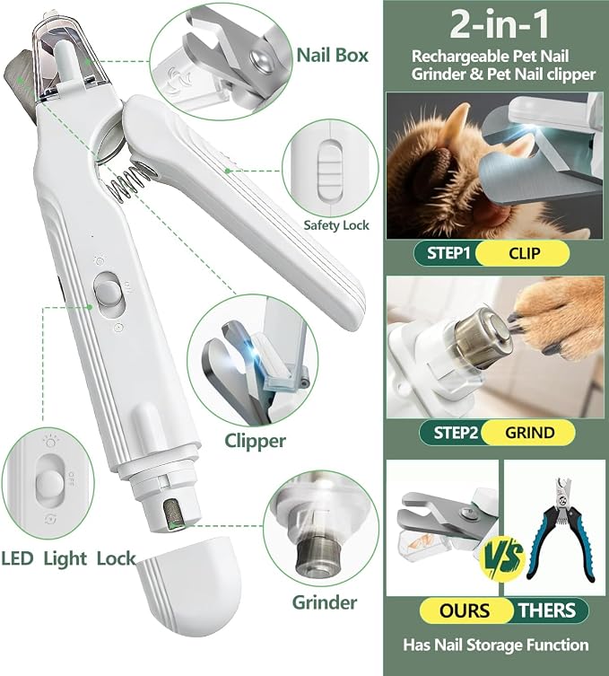 2-in-1 Dog Nail Grinder & Clippers with Dual LED Lights, Electric Pet Nail Trimmer with Safety Guard, USB-C Rechargeable Grooming Tool for Cats and Dogs White