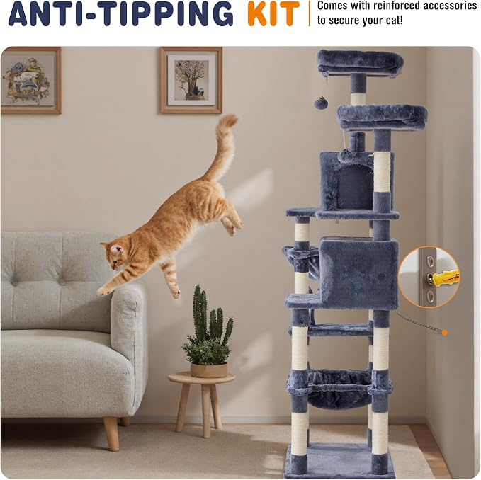 71 Inch Large Cat Tree Tower with Sisal Scratching Post | Multi-Level Cat Climbing Tower with Hammock, Pet Condo for Indoor Cats and Kittens, Grey
