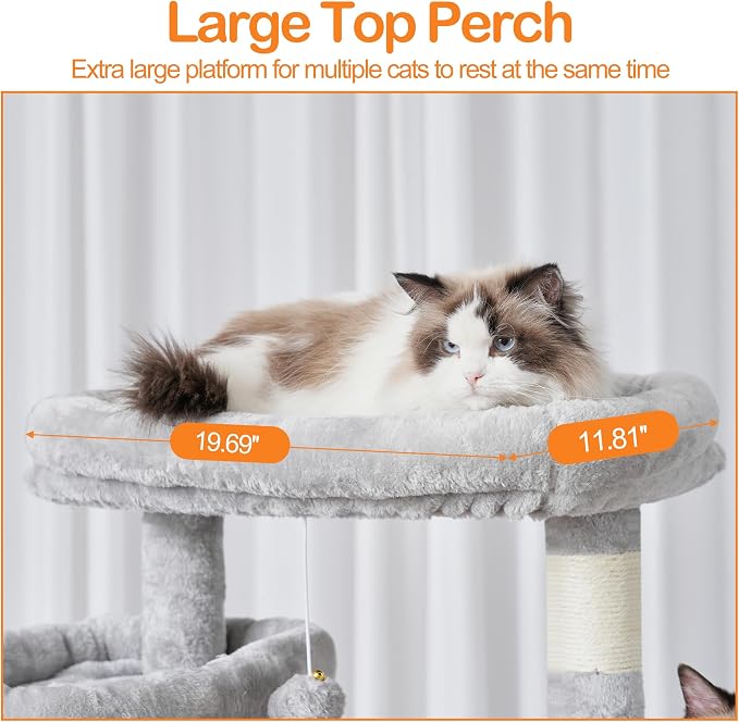 Heybly Cat Tree, 71-Inch-Tall Tower for Indoor Cats with 2 Perches HCT034W | Large Cat Furniture with 2 Big Condos, 2 Hammocks, Basket, Scratching Pad, Multi-Level Cat Condo, Light Gray