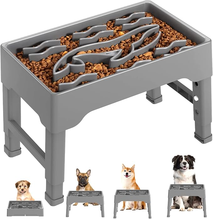 9 Cups Elevated Slow Feeder Dog Bowls 4 Adjustable Heights, Grey | Raised Dog Slow Feeder Bowls, Dog Food Bowl Stand, Non Slip Anti Gulping Slow Eating Dog Bowl for Medium & Large Dogs