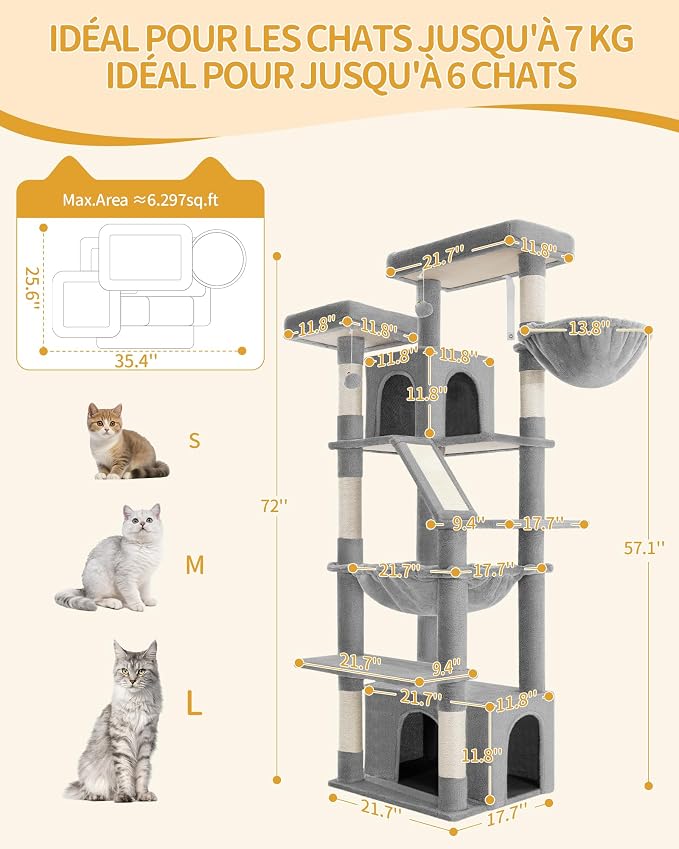 Hzuaneri Large Cat Tree, 72 Inch Tall Multi-Level Cat Tower for Indoor Cats | Cat Condo Furniture with 6 with Sisal Scratching Posts, 2 Large Platforms, 2 Cats House, Hanging Basket, Light Gray MS18318LG