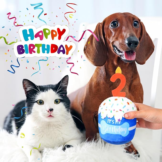 Dansydaisy Dog Birthday Cake Toy Squeaky Plush Toy for Girl Boy Gifts, Chew Accessories for Dog Birthday Party Decor Favor for Large, Medium and Small Dogs(2nd,Blue)