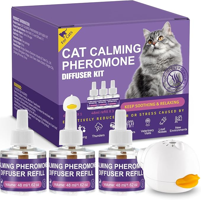 Cat Calming Pheromone Diffuser Kit – 1 Diffuser + 3 Refills (48ml Each), Natural Stress & Anxiety Relief for Cats & Kittens, Reduces Spraying, Scratching & Hiding