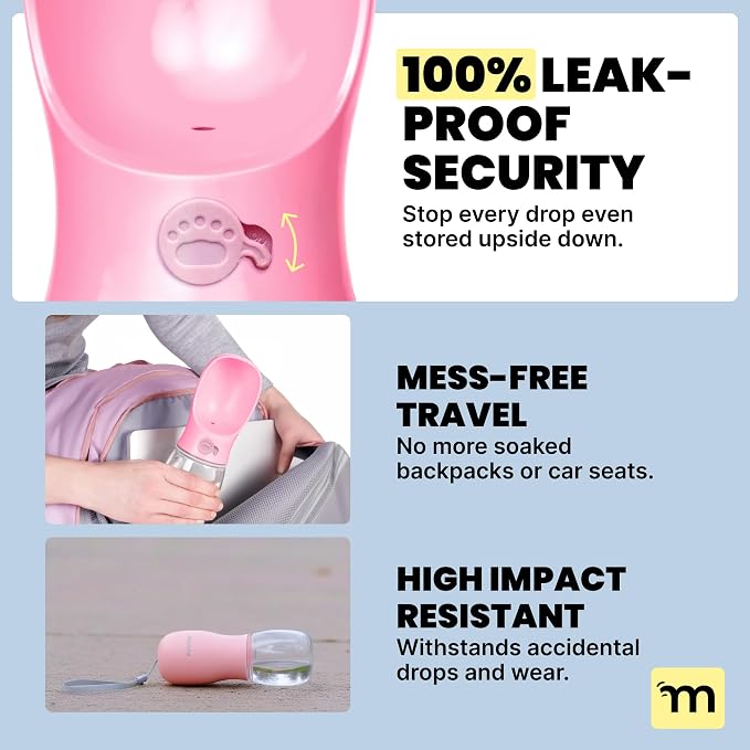 MalsiPree Leak-Proof Portable Dog Water Bottle for Travel - 19 oz, with Pink Bowl - Food Grade Plastic - Dog Bowls - Puppy Essentials - Pet Water Bottle for Trail Hiking, Park Visit & Beach Days