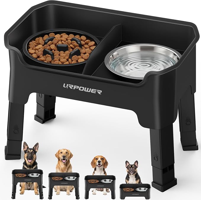URPOWER Mess Proof Elevated Dog Bowls, High Wall Splash Guard Design, 4 Height Adjustable Raised Bowl Stand with Stainless Steel & Slow Feeder Bowl, Non-Slip Food Water Set for Small Medium Large Dogs