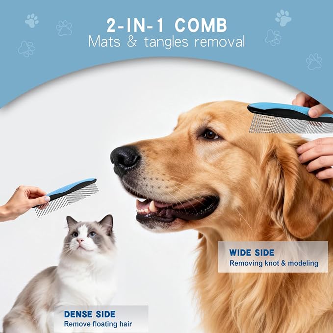 GOESWELL Pet Deshedding Brush - Undercoat Rake for Dogs & Cats - Double Sided Brush for Shedding and Dematting Comb for Dogs Grooming Tool kit - (Blue(Rake +Comb))