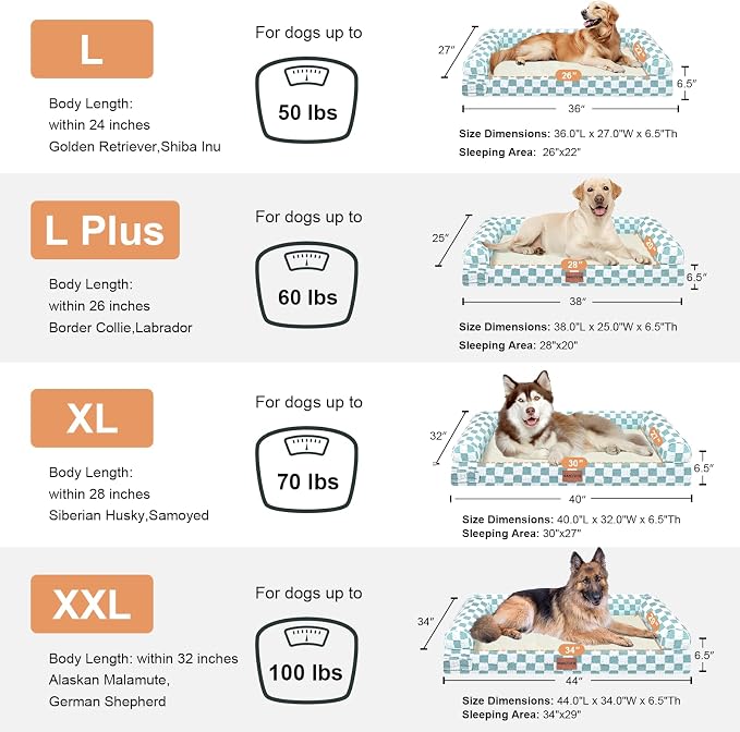 NANUYA Orthopedic Dog Bed for Large Dogs, 36 x 27 Inch, Green Grid | Egg crate foam for joint support, 3-sided bolster pet sofa, waterproof lining, washable cover, and non-skid base