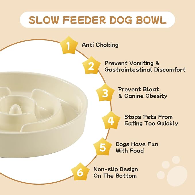 Havniva 6.1” Raised Slow Feeder Dog Bowls Set, 0.9 Cups Ceramic Slow Feeder Dog Bowl and 6.1” Dog Water Bowl with Elevated Wooden Stand Puzzle Dog Food Bowl for Small Dogs Anti-Gulping & Anti-Choking