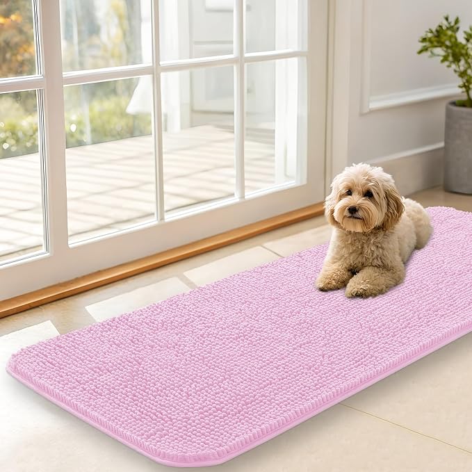 OLANLY Dog Door Mat for Muddy Paws 47x17, Super Absorbent Chenille Mud Mat | Pink, Absorbs Moisture and Dirt, Non-Slip Machine Washable Doormat, Quick-Drying Indoor Entryway Floor Carpet for Dogs