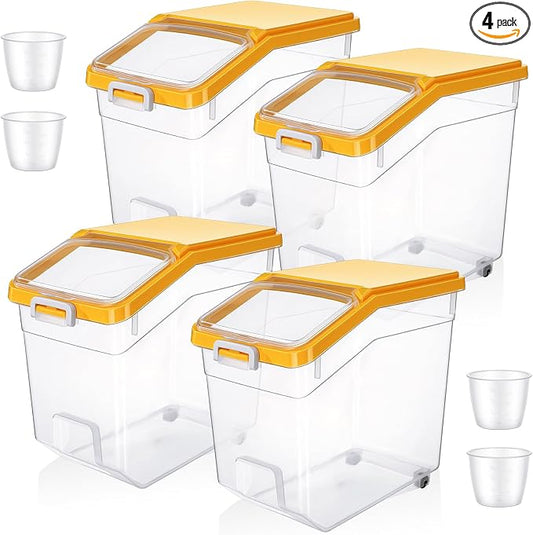 Sunnyray 4 Pcs Rice Storage Container 38 lb Flour Container with Wheels Measuring Cup Clear Pet Food Bin Dog Bird Cat Food Bin Grain Cereal Organizer Box for Dry Baking Supplies(Yellow Lid)