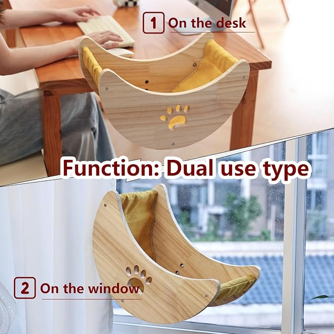 Cat Window Perch Hammock Bed with Strong Suction Cups, Space-Saving Window Cat Bed for Indoor Cats, Multi-Use Moon Shelf for Desk or Window