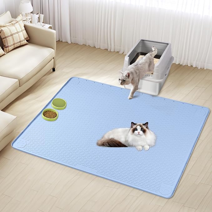 Silicone Cat Litter Mat for Litter Box 50”x35” Large Cat Mat, Blue | Waterproof, Non-Slip, Leak-Proof Rug Mat with Lip, Easy to Clean, Extra Large Litter Catcher Mat for Floor