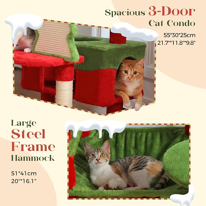 PAWZ Road Christmas Cat Tree, 72" with Big Condo, Hammock & Xmas Scratcher | Xmas red&green cat tree, 20"×16" hammock for adult cats, 7 scratch posts + pad, dual condos&perches for multi-cats