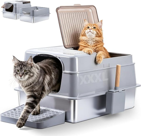 XXXL Stainless Steel Litter Box with Lid, Enclosed Metal Cat Litter Box | Extra Large Litter Boxes for Big Cat, Multiple Cats,Odor Control,Anti-Leakage, Includes Scoop & Pedal,27.75 x 19.75x 15.7