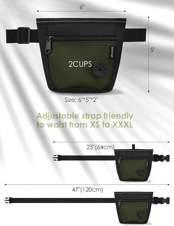 2 Cup Dog Treat Pouch with Training Clicker(Black/Army Green) | 2 Pair Magnetic Closures, Zipper Pocket with Poop Bag Holder, Waist Belt & Metal Clip to Wear for Pet Training/Daily Walking