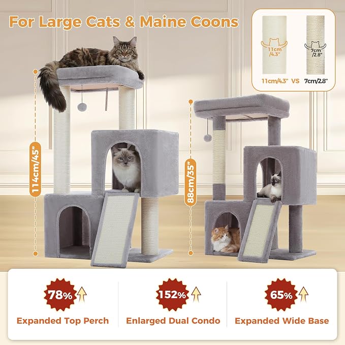 PAWZ Road Large Cat Tree, 45" Heavy Duty Cat Tower with Dual Condos, 3 Thick Full Wrapped Sisal Posts(φ4.3), Spacious Top Perch, Scratching Ramp for Large Cats,Gray