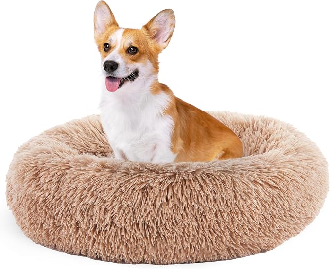DUMOS Donut Dog Beds for Large Dogs, Machine Washable Cuddler Warming Cozy Fluffy Faux Fur Plush Round Pet Bed, Anti-Slip Bed for Indoor Dogs and Cats, 30.7x30.7 Inch, Brown