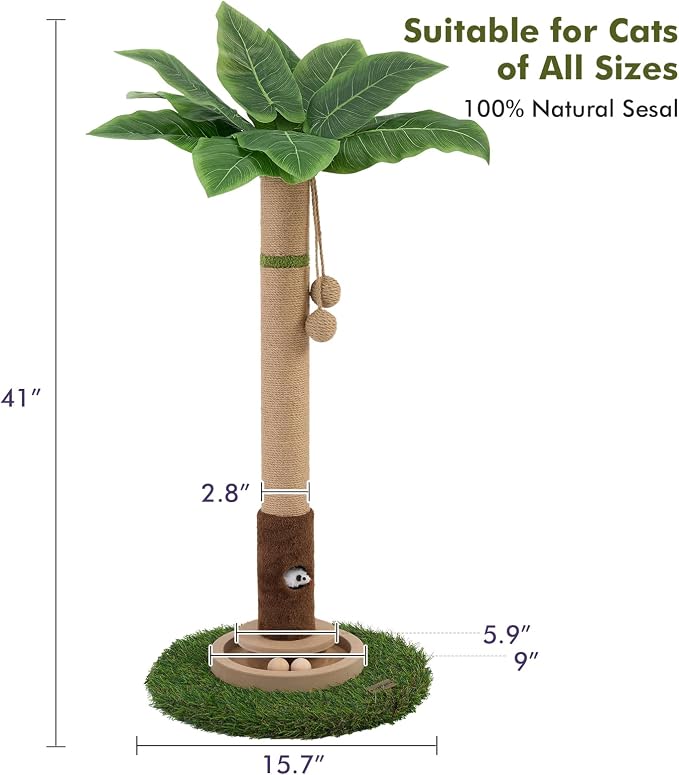 35" Tall Cat Scratching Post, Sisal Cat Scratcher Tree with Leaves,Interactive Cat Toys for Inddor Cats and Kitten