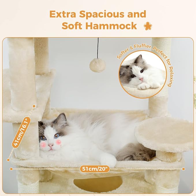 PAWZ Road 72" Cat Tree, Tall Cat Tower with Hammock& Condos for Large Cats | 20"x16" hammock for adult cats, cat tower with 7 scratching posts&pad, dual top perch and large condo for big cats