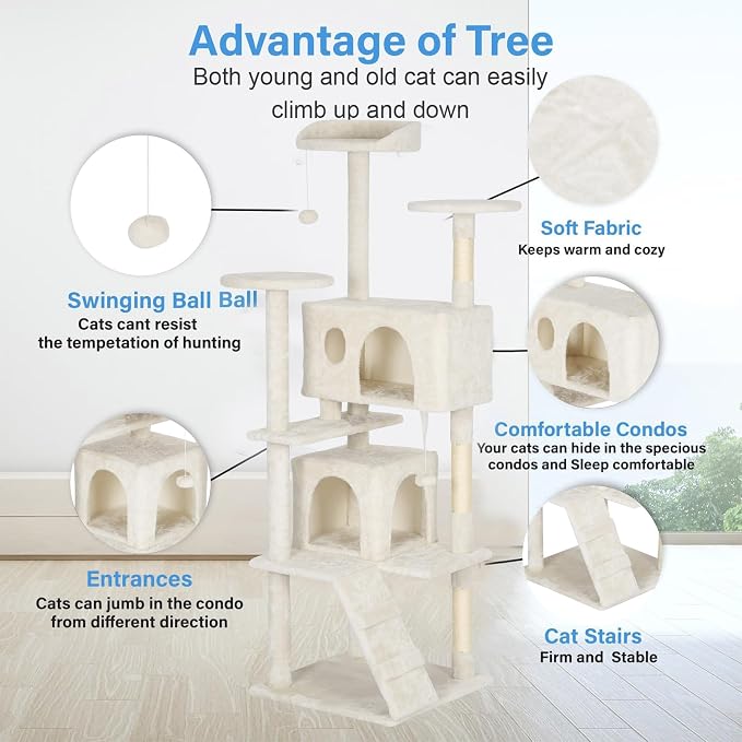 FDW | 62" Cat Tree Tower | Beige | Multi-Level Indoor Activity Center with Sisal Scratching Posts, Condos, Plush Perches, Hanging Cat Toys | Sturdy, Easy to Assemble | for Kittens & Adult Cats