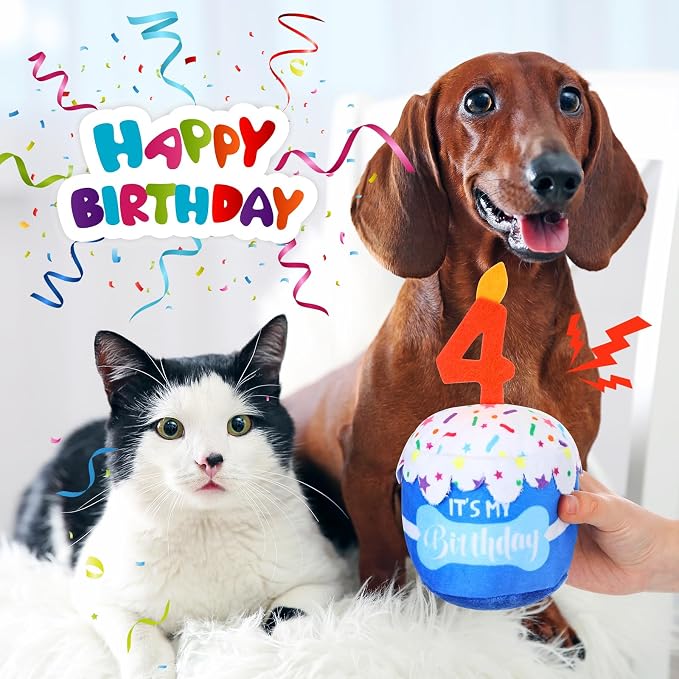 Dansydaisy Dog Birthday Cake Toy Squeaky Plush Toy for Girl Boy Gifts, Chew Accessories for Dog Birthday Party Decor Favor for Large, Medium and Small Dogs(4th,Blue)