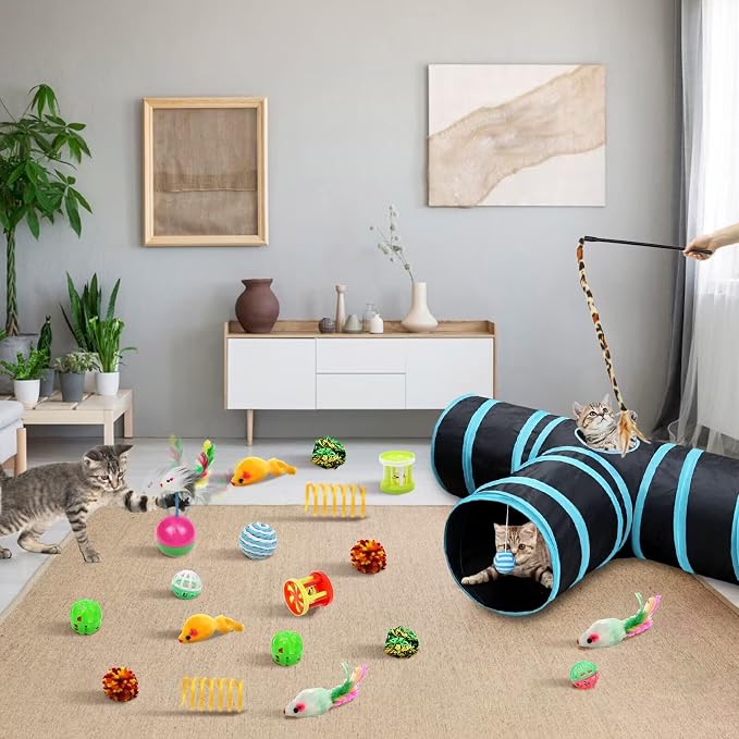 Malier Collapsible Cat Tunnels & Toys Set, Interactive Kitty Toys - Kitten & Cat - Feathers, Mouse, Crinkle Balls, 3-Way Tube Tunnel for Indoor Play