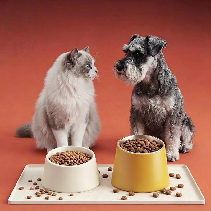 Pet Feeding Mat - 100% Waterproof Dog & Cat Bowl Pad with Raised Edges - Protects Floors from Messy Eaters & Spills - Anti-Slip, 100% PET-Safe, Dishwasher Safe (28"x20"x0.4", Beige)