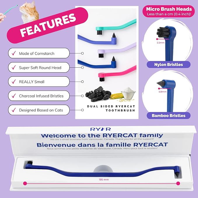 RYERCAT Space Dual Sided Cat Toothbrush - Only 8mm Wide to fit into Cat's Mouth - Cat Dental Supplies