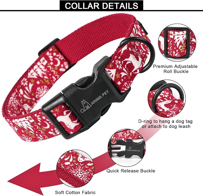 ARING PET Christmas Dog Collar, Cute Red Reindeer Cotton Lightweight Xmas Pet Collars for Puppy Small Medium Large Boy Girl Dogs-L