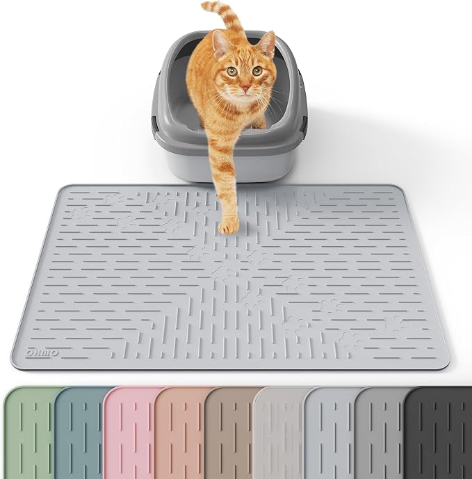 OHMO Cat Litter Mat, 23.5x16 Silicone Trapping Mat Ash Grey | for Kitty Litter Box, Easy Clean, BPA Free Rubber, Center Litter Collection, Easy Pour-Back, Waterproof, Odor-Resistant