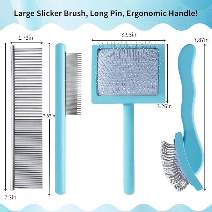 Blue Slicker Brush Long Haired Dog Wooden Handle Coated Pins | Gently Grooming Slicker Brush, Ergonomic Wooden Handle, Long-Haired Dogs, Long Pins for Grooming Goldendoodles Poodles