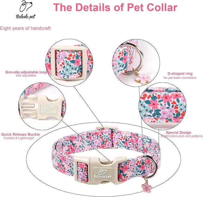 Floral Dog Collar, Cute Girl Dog Collars - Pastel Wildflowers Pattern Spring Summer Puppy Collar, Adjustable Female Dog Collars for Small Medium Large Dogs L