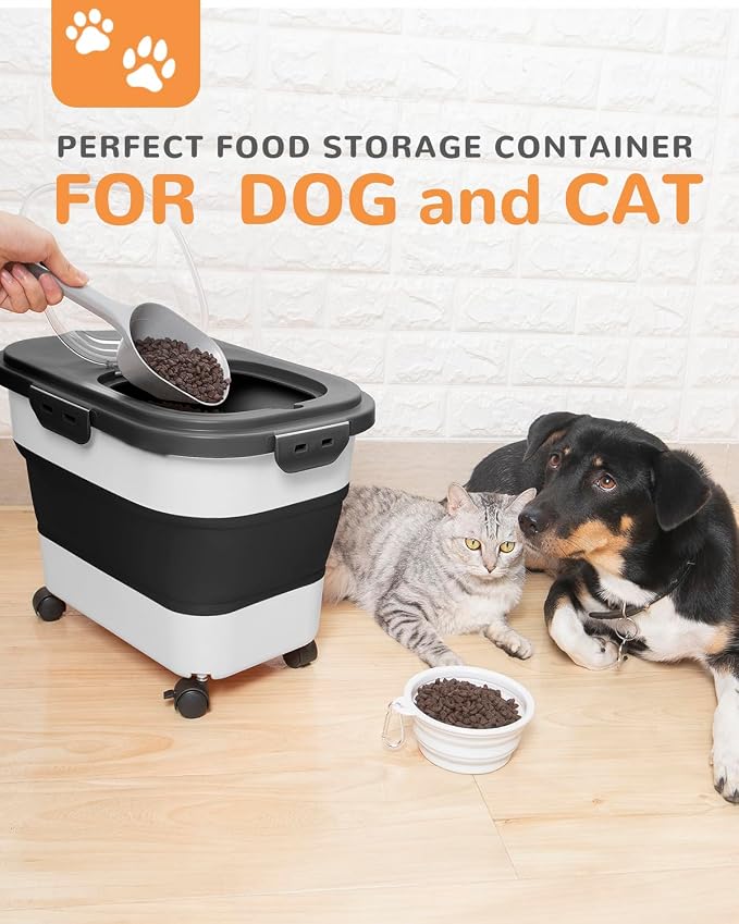 20-23 Lbs Dog Food Storage Container Airtight,Collapsible Pet Food Storage | Dog Food Container with Double Airtight Seal & Magnetic Lid,Cat Food Container with Wheels for Easy Moving,Small Jar,Scoop