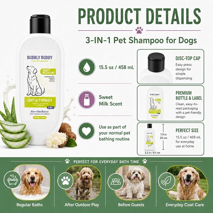 3-in-1 Pet Shampoo for Dogs, Sweet Milk Scent Dog Shampoo and Conditioner with Aloe,Shea Butter,Colloidal Oatmeal,Jojoba Oil & Vitamin E, pH Balanced Cleansing, Smoothing & Antibacterial Care, 15.5 oz
